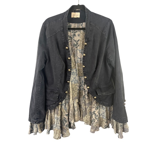 Oli & Hali Jackets & Blazers - Oli and Hali Boho Military Mixed Media Blue Paisley Ruffle Jacket Size L